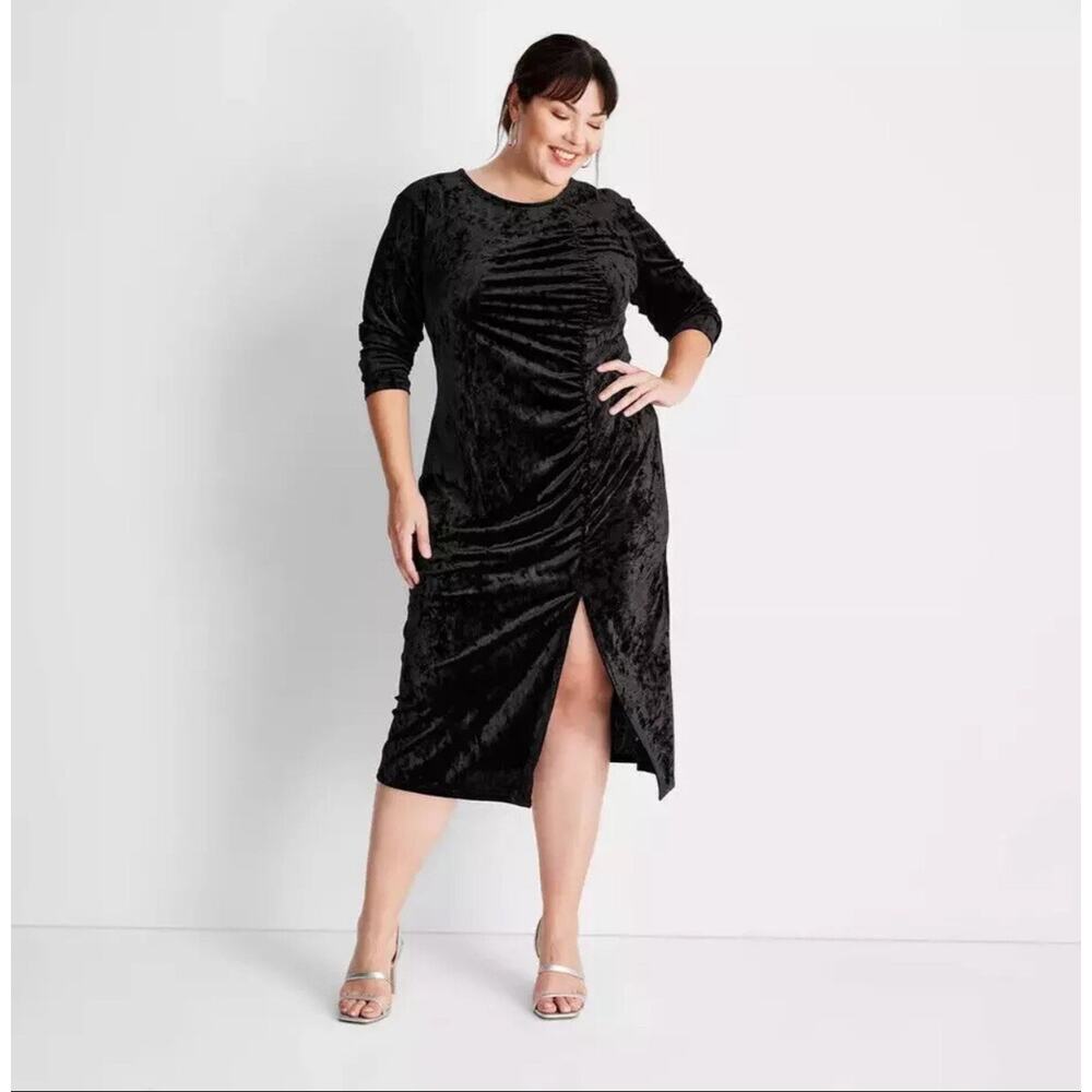 NWT Future Collective size large Black Velvet Ruched Side A-Line Dress with slit